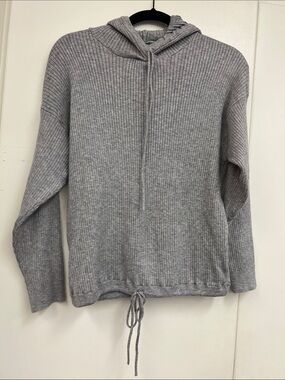 Love & Whimsy Ribbed Knit Hoodie Sweater - Gray - Casual Loungewear Waist Tie